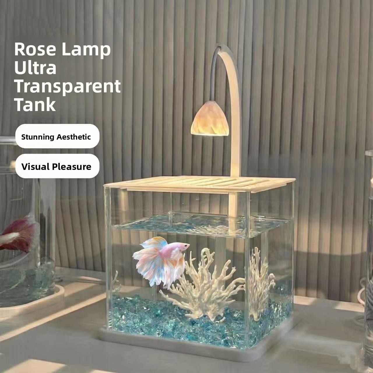 Aquarium Fish Betta - Akuarium Akrilik dengan Hiasan Kristal Es,